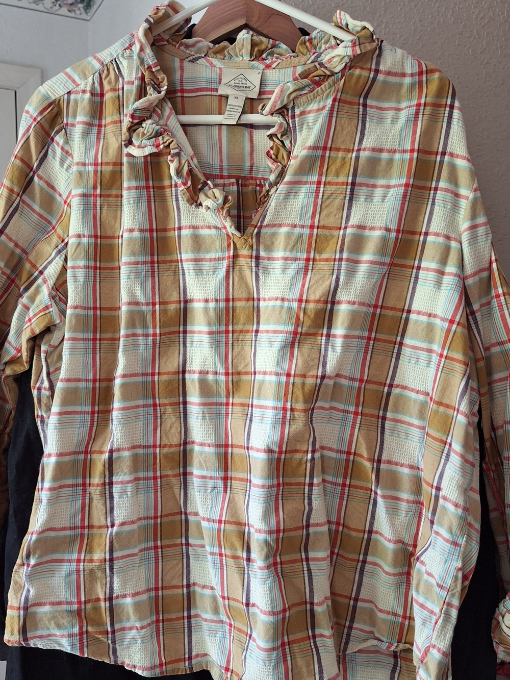 St. John's Bay Plaid Button-Up Shirt in Beige, Red & Teal